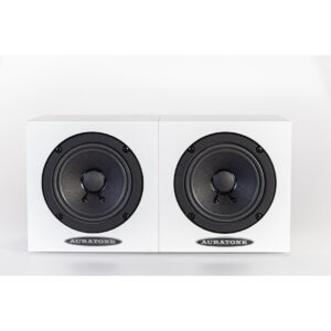Auratone 5C Active speakers, white, rectangular design, displayed side by side on a plain white background.