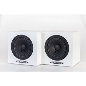 Auratone 5C Active Studio Monitors, white pair, side by side; black drivers and Auratone logos on a white background.