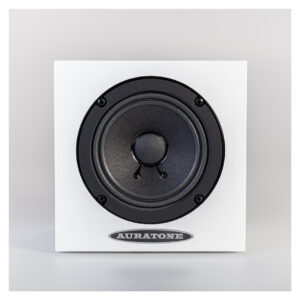 Auratone 5C Active white studio monitors with black drivers and metallic logo, displayed on a plain white background.