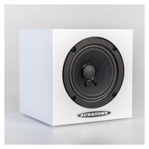 Auratone 5C Active speakers, white cube design with black speaker cone, shown as a pair on a light background.