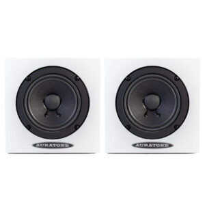 Auratone 5C Active white studio monitor speakers with black cones, shown side by side on a plain white background.