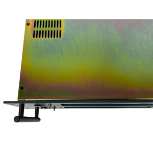 BAE 2CR B-Stock metallic unit bottom: vent, screws, yellow-green finish, two black foldable support legs visible.