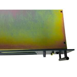 BAE 2CR B-Stock rack unit, metallic rectangular build, yellow-green finish, black knobs and screws, dual handles.