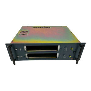 BAE 2CR B-Stock metal rackmount unit, black with two empty slots, knobs, switches, side handles, vented top on white.