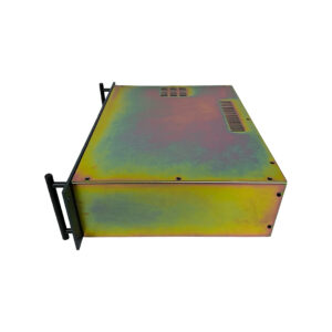 BAE 2CR B-Stock iridescent metal enclosure, vented top, black side brackets; rectangular case angled on white background.