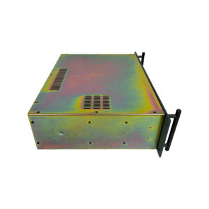 BAE 2CR B-Stock rackmount chassis, metal with rainbow finish, top vents, and black handles on white background.