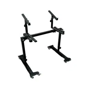 Preowned black metal adjustable keyboard stand with caster wheels and two arms, second tier, on white background.