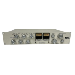 Revive Audio MSL TX Dual Channel VCA Buss Compressor, silver rackmount, control knobs, twin VU meters, buttons visible.