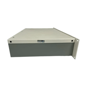 Gray metal rackmount enclosure with beige top, hinged door, lock, and side brackets for Revive Audio MSL TX Dual VCA Compressor.
