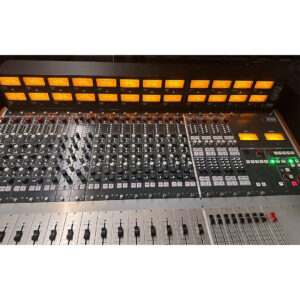 Rupert Neve 5088 Console SN 0251 preowned: black rackmount, multiple knobs, sliders, yellow VU meters for studio mixing.