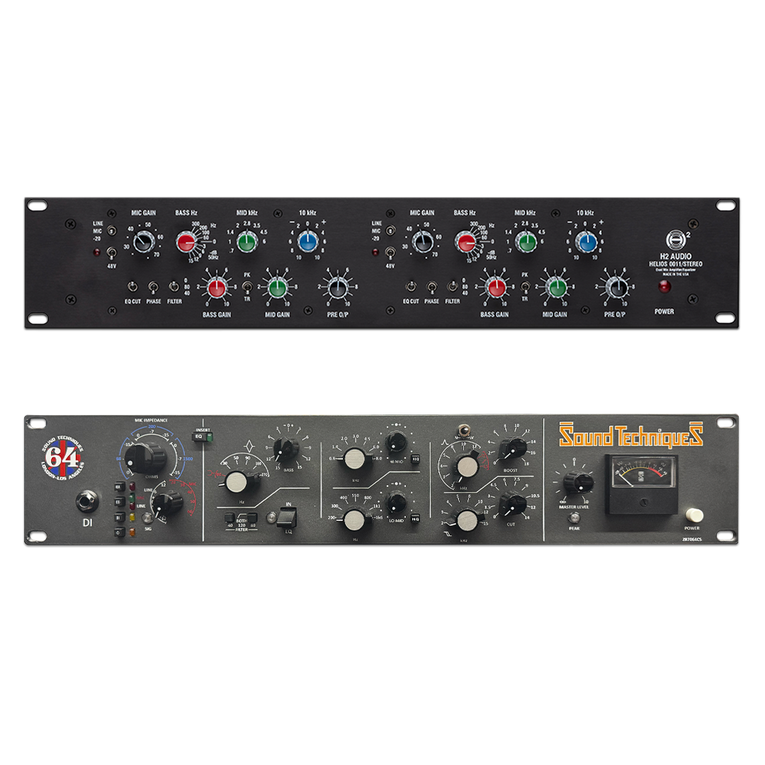 SSL Revival 4000 rack unit and a gray VU meter unit with colorful knobs, for pro audio processing; black and gray rackmount styles.