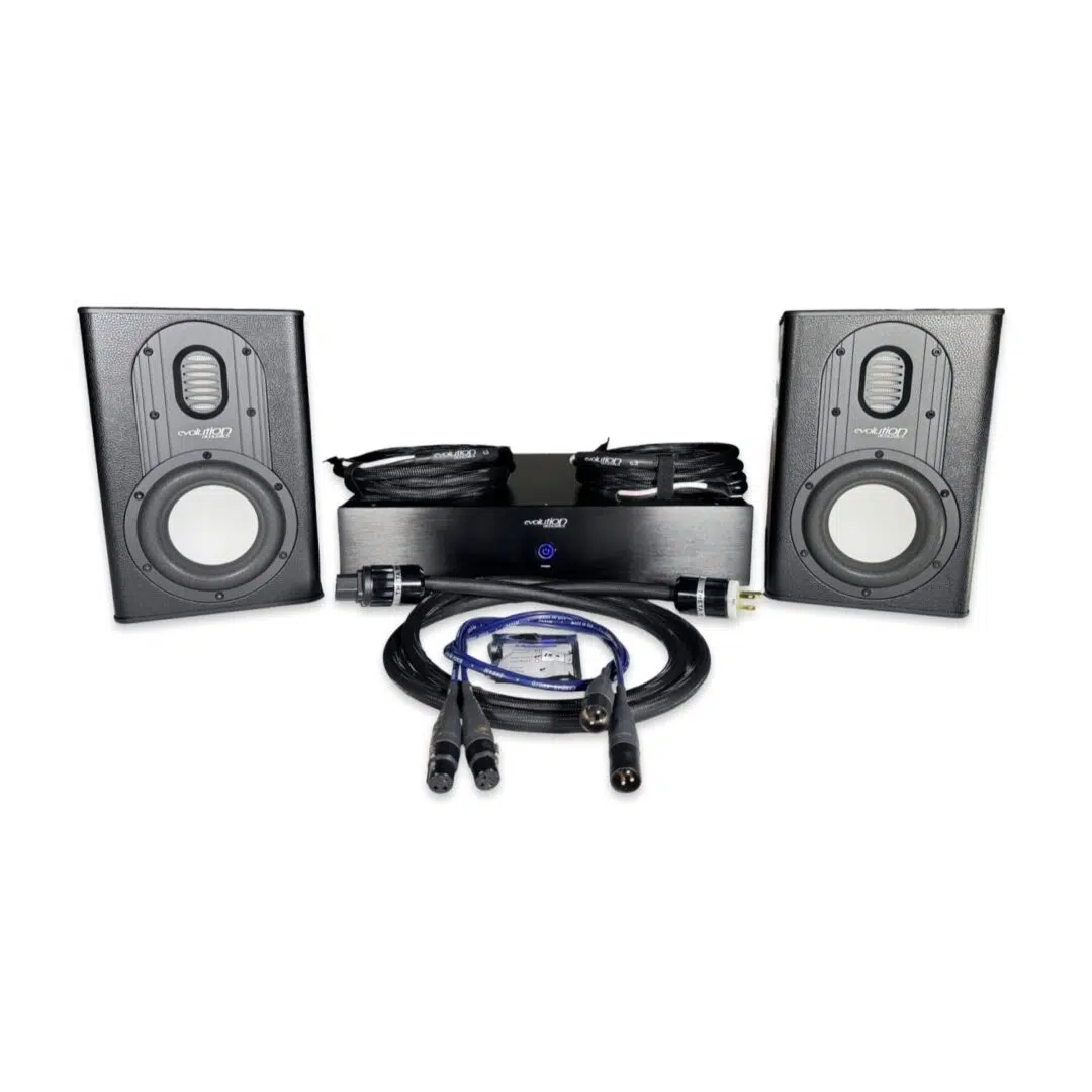 Magic Garden Pro Evolution v.1 package: 2 black studio monitors, amplifier, cables & connectors on a white background.