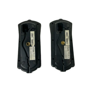 Preowned black electronic door lock parts with barcodes, serials, and wiring slots; quality like Hear Back HUB Bundle SN 1145-HK006521.