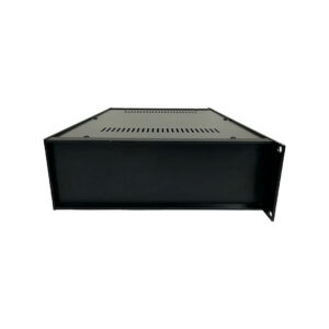 Preowned Amphion Amp500 (SN 0144) black rackmount amplifier with plain front panel, top vents, on white background.