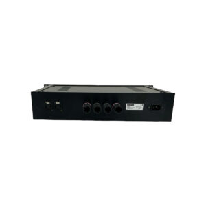 Amphion Amp500 SN 0144 rear view: black rackmount audio amplifier, input/output ports, knobs, power socket on white.