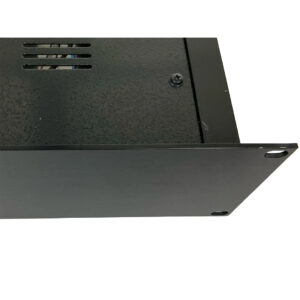 Amphion Amp500 black rackmount enclosure, preowned, with vent slots and flange; ideal for pro audio setups.