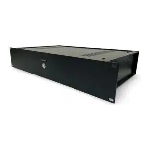Black Amphion Amp500 rackmount case with ventilation slots, front power button, and corner mounts for professional audio setups.