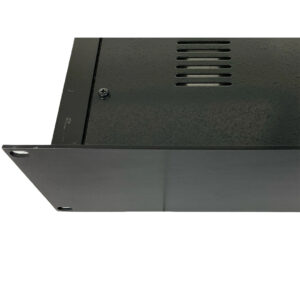 Amphion Amp500 SN 0144 black rackmount amp corner, ventilation slots and screw holes, white background, preowned.