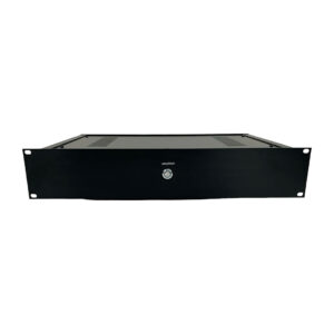 Amphion Amp500 SN 0144 black rackmount audio unit, central knob and logo, preowned, shown on white background.