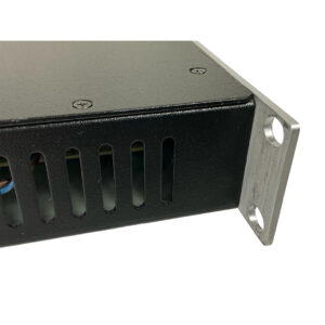 Preowned black rackmount enclosure with vented slots, silver bracket; fits Apogee Rosetta 800 SN R86039 units.