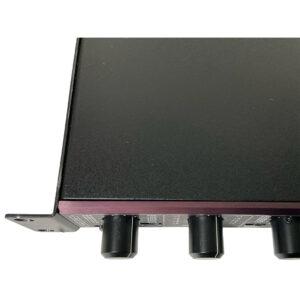 Bryston 10B-STD Crossover in black, partial view with metal face, three control knobs, and left mounting bracket shown.