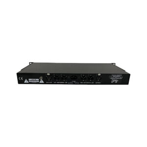 Bryston 10B-STD Crossover rear view, black rackmount unit, XLR ports, power input, labels; white background.