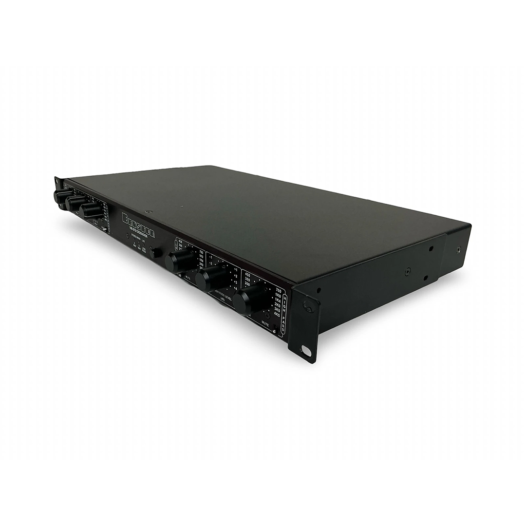 Bryston 10B-STD Crossover SN 102277, black 1U rackmount unit with front knobs/buttons, on white background.