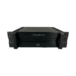 Preowned Bryston 4B SST Pro black rackmount audio amplifier, rectangular with vented top and side handles, front view.