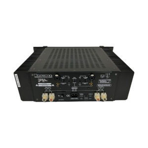 Bryston 4B SST Pro black rackmount amp rear—inputs, outputs, speaker terminals, cooling grilles, labeled ports.