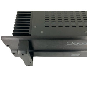 Bryston 4B SST Pro black rackmount amplifier, SN 4BSST-002455; vented panel, heat sink fins, visible screws, partial logo.