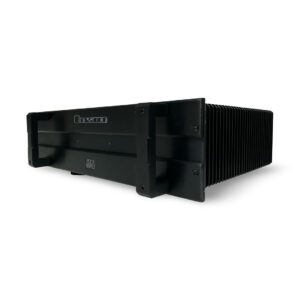 Bryston 4B SST Pro black amplifier, preowned, ribbed heat sink fins, rackmount form, angled on white background.
