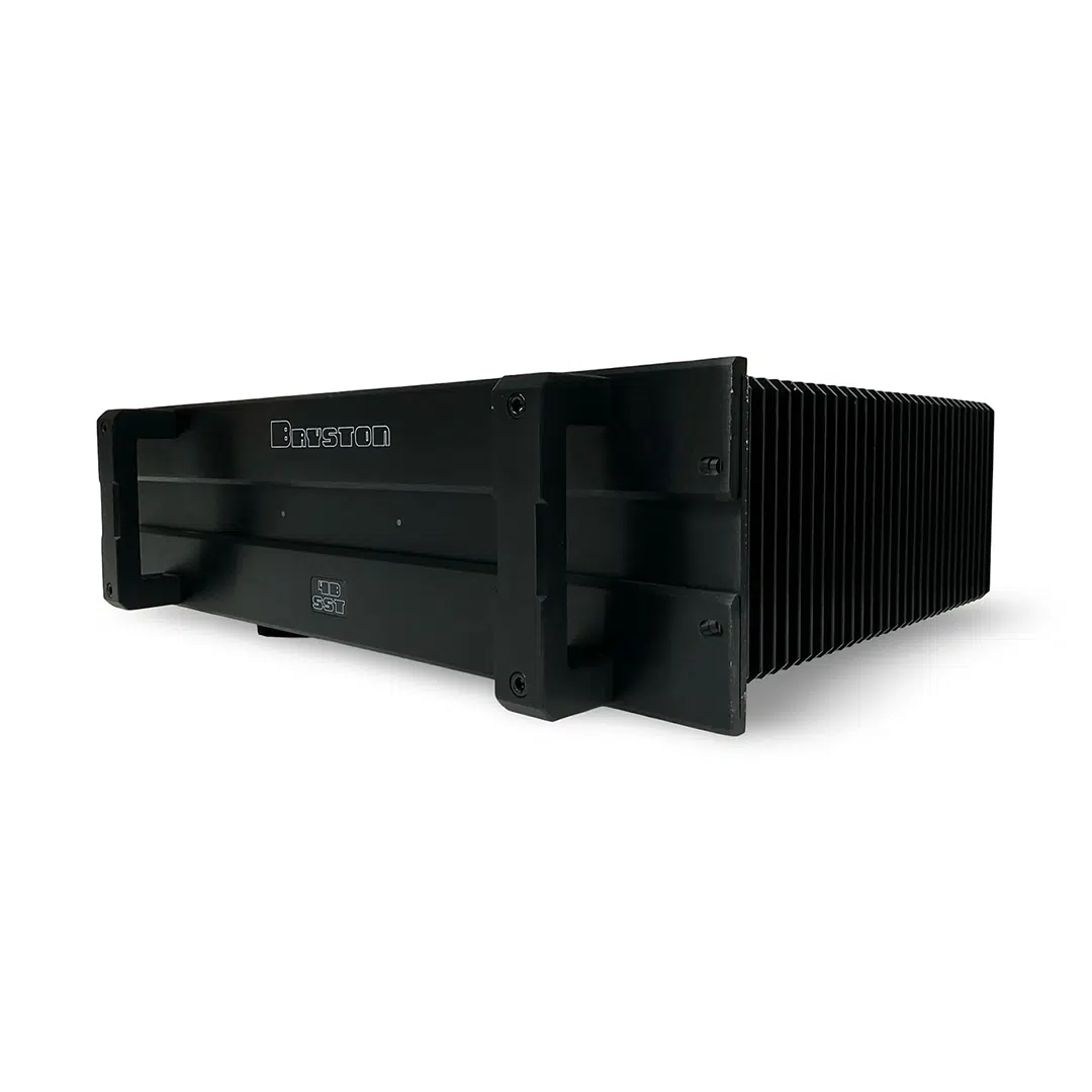 Bryston 4B SST Pro black amplifier, preowned, ribbed heat sink fins, rackmount form, angled on white background.