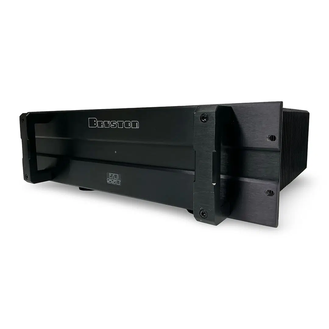 Bryston 7B SST Pro black rackmount audio amplifier with robust front panel, metallic handles, and digital display.