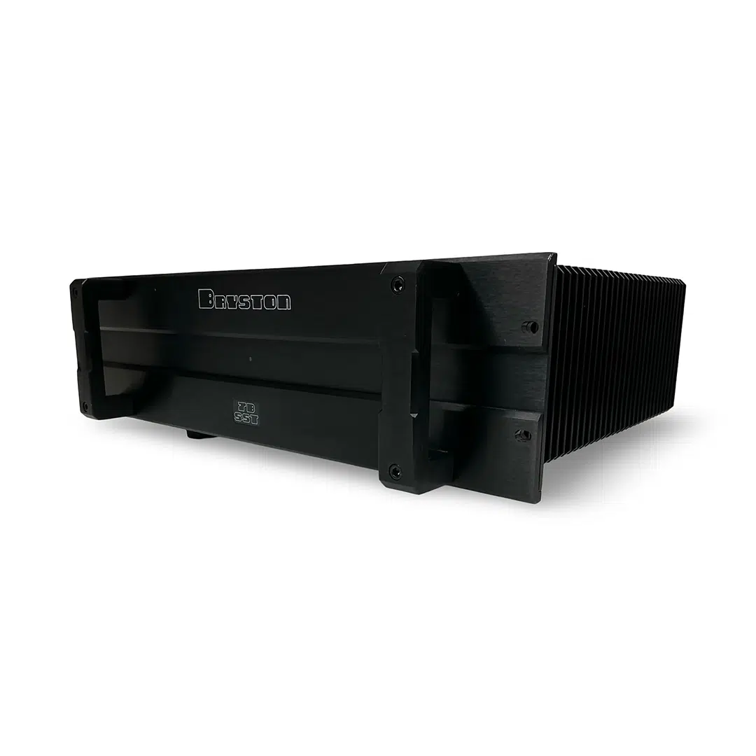 Preowned Bryston 7B SST Pro black audio amplifier, ribbed heat sinks, angled front view, white background.