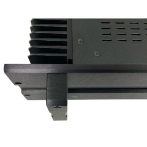 Bryston 7B SST Pro black metal rackmount amp, vented panel, heat sink fins, and brackets; white background.