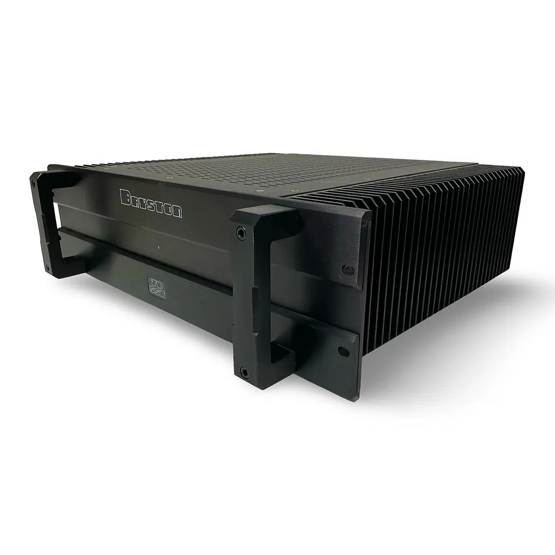 Bryston 7B SST Pro amplifier, preowned, sleek black rackmount design with large side heat sinks and front handles.