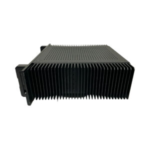 Bryston 7B SST Pro black rackmount power amplifier, vented top, vertical cooling fins, preowned. White background.