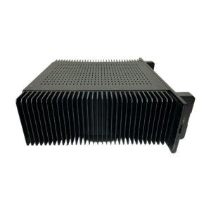 Bryston 7B SST Pro black mono amp with finned heat sink, vented top, and side connectors for optimal cooling.