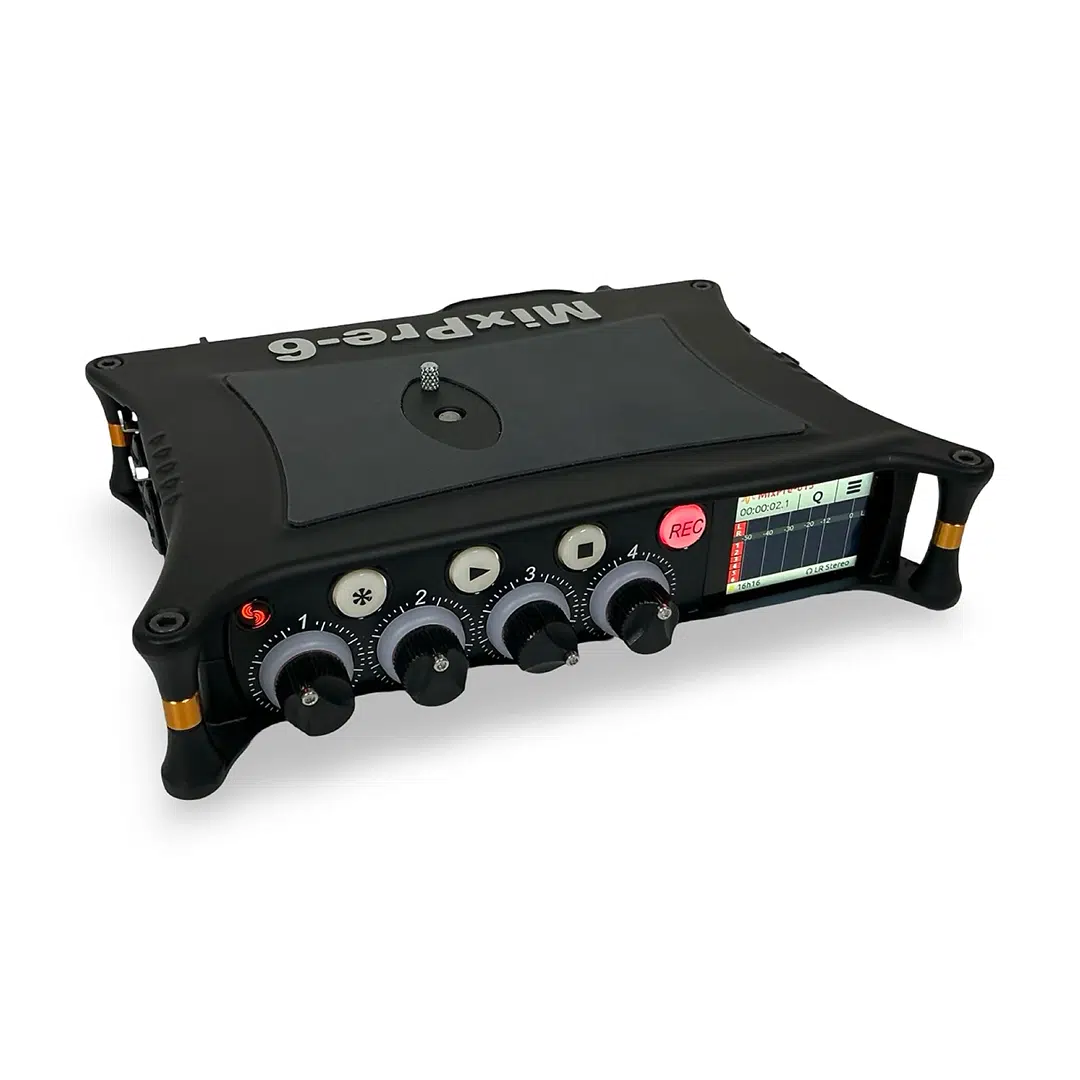 Sound Devices MixPre-6 (QC0317186011), black, four control knobs, buttons, and small display showing audio levels.