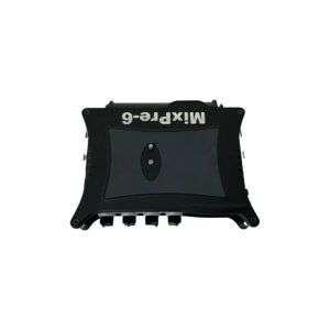 Preowned Sound Devices MixPre-6 audio mixer (SN QC0317186011) top view, black, labeled controls, white background.