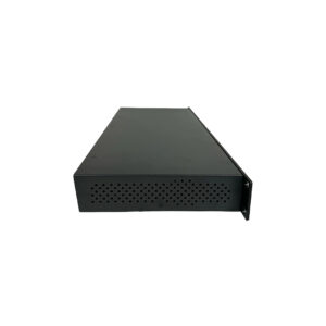 Preowned black rackmount server chassis, vented front panel, angled view on white; chassis only, no visible branding.
