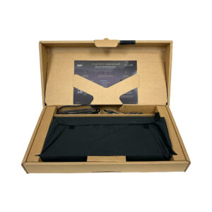 Preowned Trinnov Nova processor with 3D Mic, licenses, power cable, and guide in open box—partially covered by cloth.