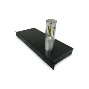 Preowned Trinnov Nova black rack-mount processor with 3D Mic, 6 licenses, gold-top clear cylinder; white background.