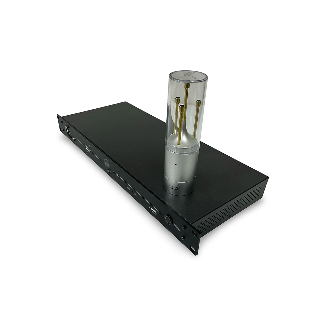 Preowned Trinnov Nova black rack-mount processor with 3D Mic, 6 licenses, gold-top clear cylinder; white background.