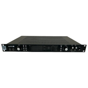 Universal Audio Apollo 8 Quad rackmount unit with knobs, buttons, input ports, and LED meters on the sleek black front panel.