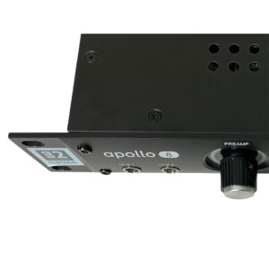 Universal Audio Apollo 8 Quad audio interface front panel; visible input jacks, black preamp knob, branding on sleek rackmount.