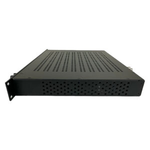 Black 1U rackmount server case, preowned, rectangular, with front/top ventilation holes; angled view on white background.