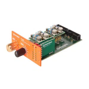 Rodec M-108 Line Preamp: orange panel with gold and black knobs, labeled controls, green PCB with electronic parts.