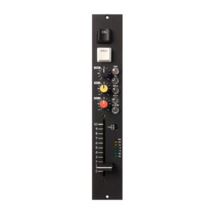 Rodec MX-F-101 black vertical rackmount fader module with labeled knobs, LED meters, and ON/SOLO buttons for mono mixing.