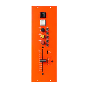 Rodec MX-F-102 orange stereo mixer module with channel knobs, ON/SOLO buttons, yellow master knob, and vertical slider.